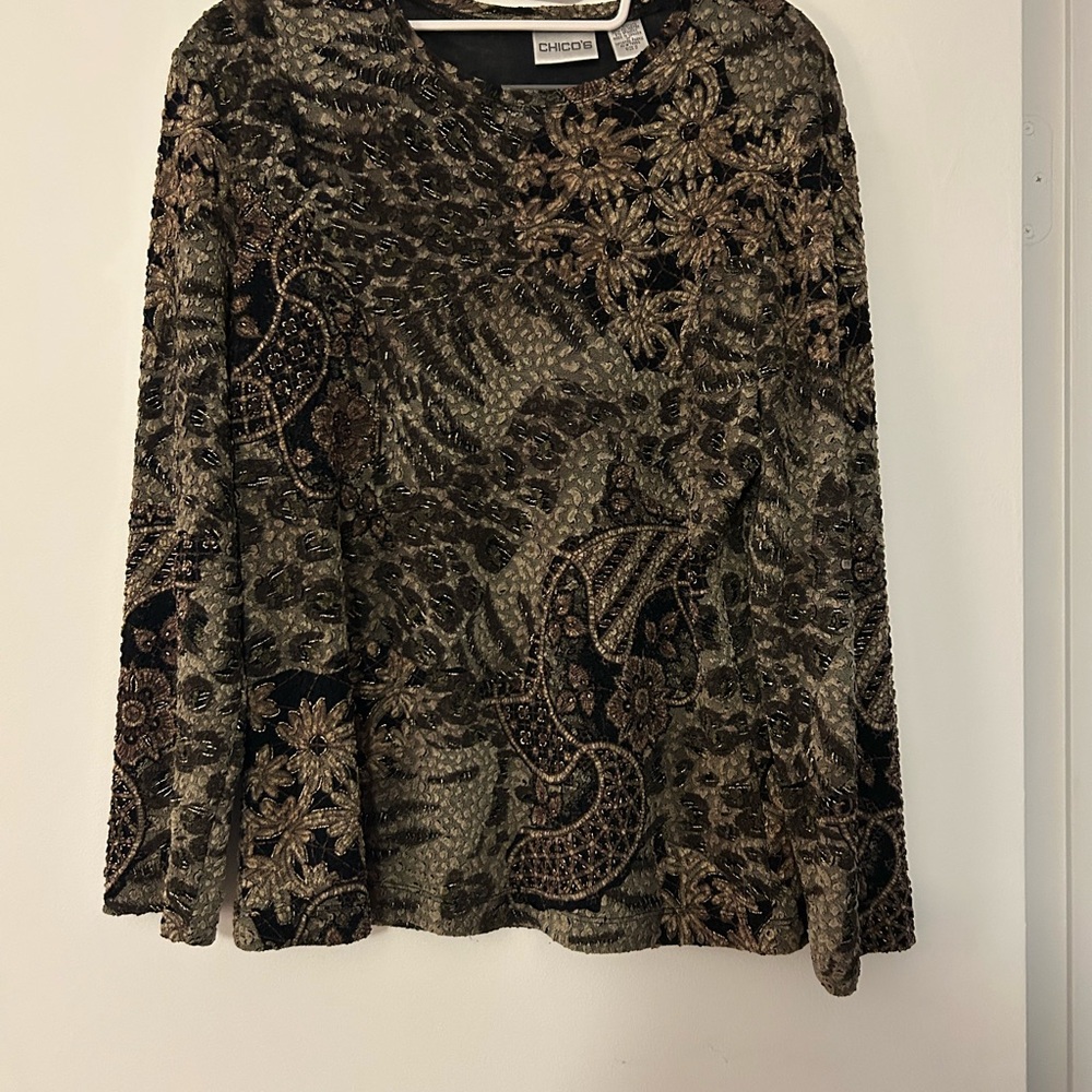 Chico's Women's Long Sleeve Top - Black and Brown Floral